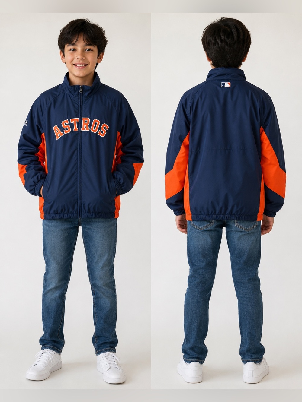 Majestic Houston Astros Navy & Orange Fleece Lined, Zip Front Jacket Pockets- YL